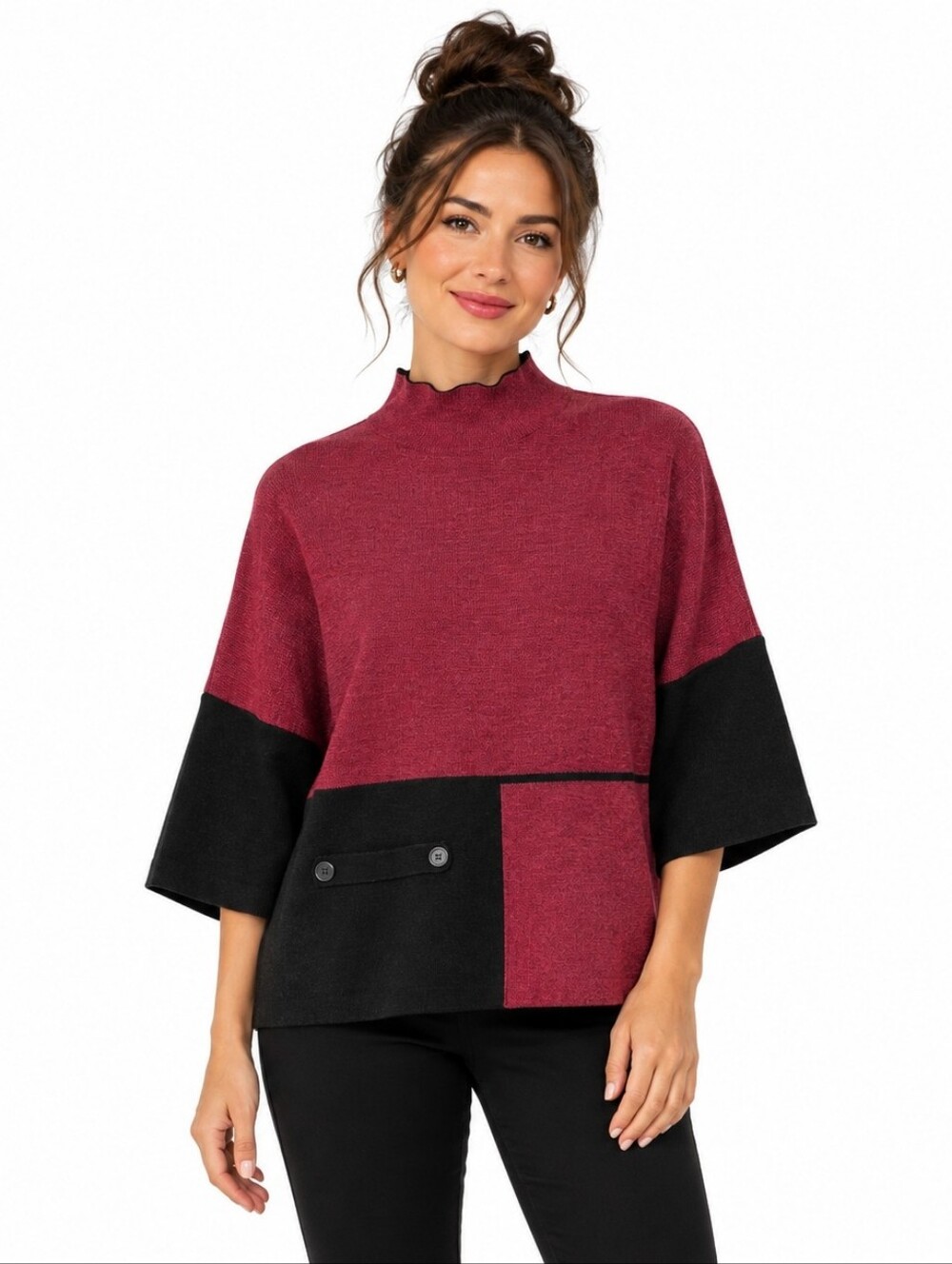 Ali‎ Miles Mock Neck Dolman Sweater SP Burgundy Black Patchwork Button Artsy